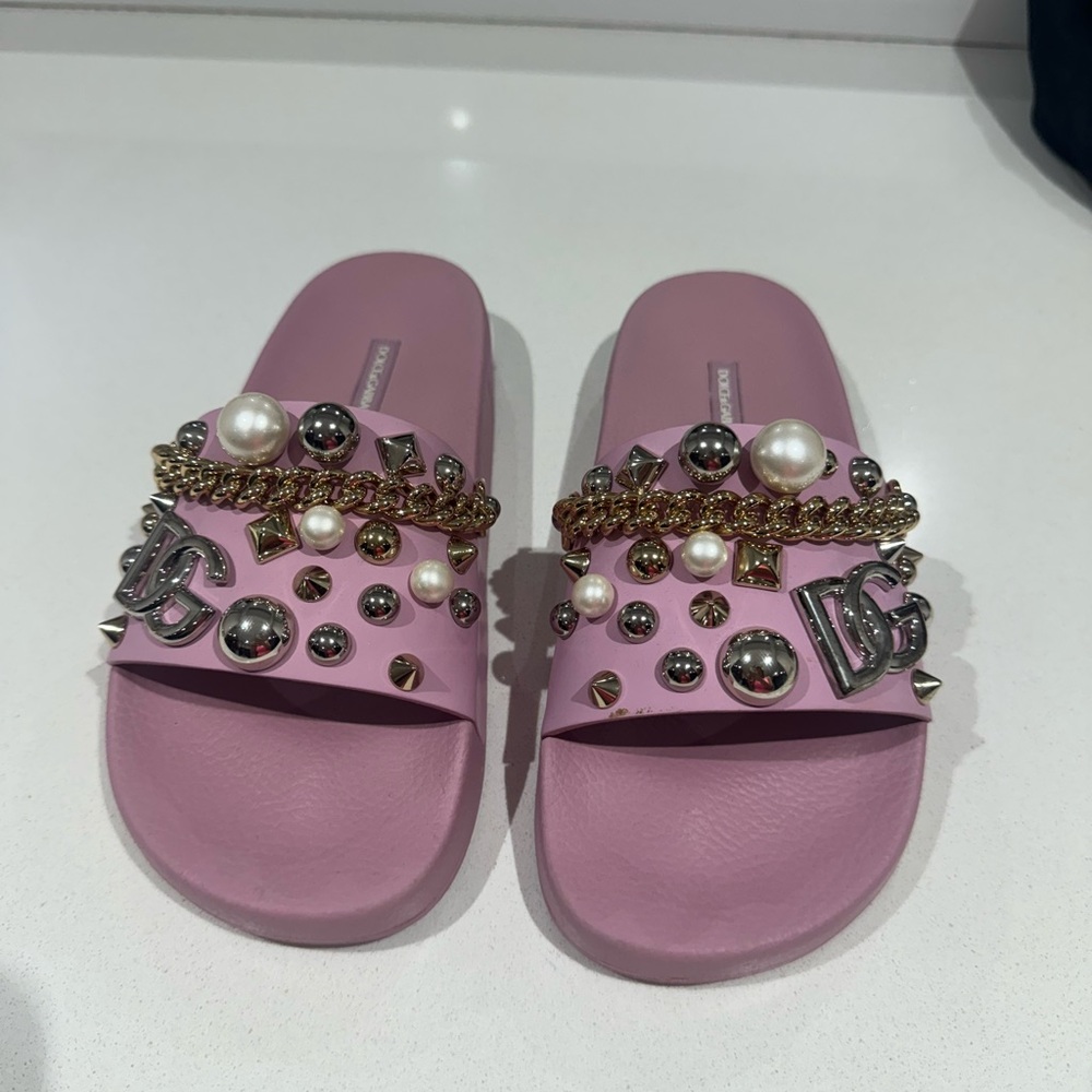 Dolce & Gabanna Embellished Pink Slide Sandals